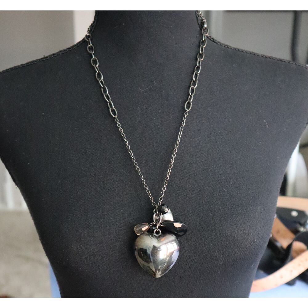 Vintage 90s Y2K Gunmetal Big & Little Puffy Heart Pendant Necklace Black Crystal